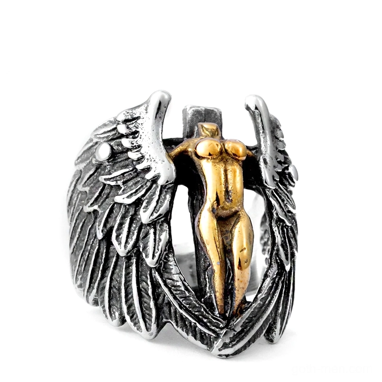 Two-tone winged angel gothic ring with silver feather wings and gilded human figure, front view