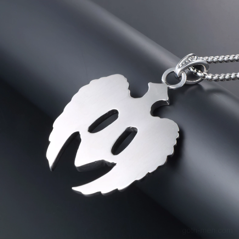 Back view winged cross pendant gothic necklace brushed silver metal finish with curb chain