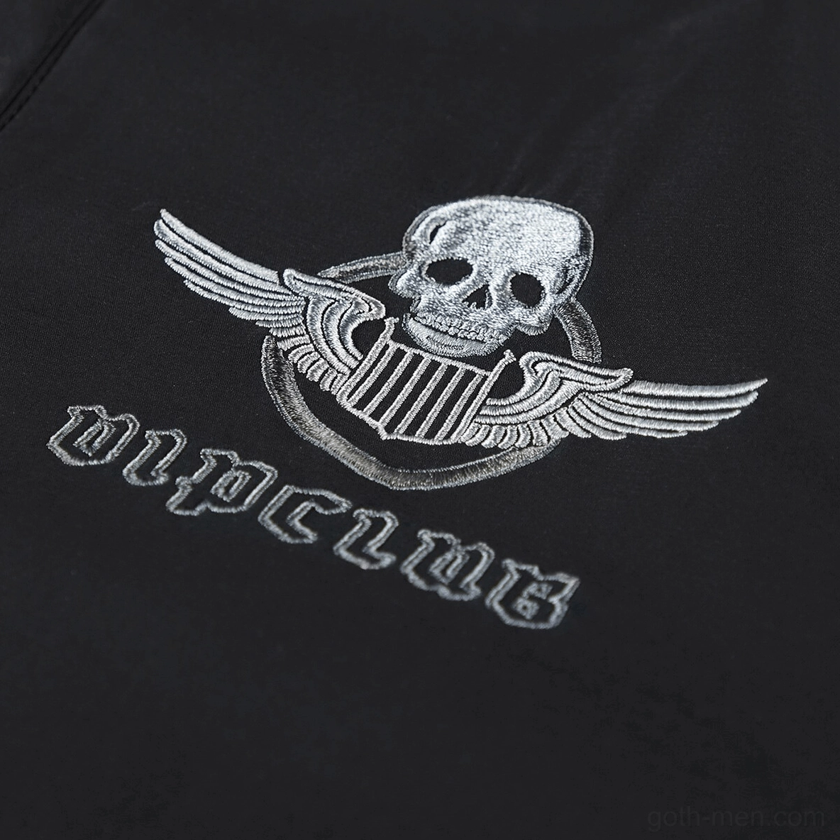 Winged skull chest embroidery detail on gothic tactical bomber jacket - vipclub text print embroidery
