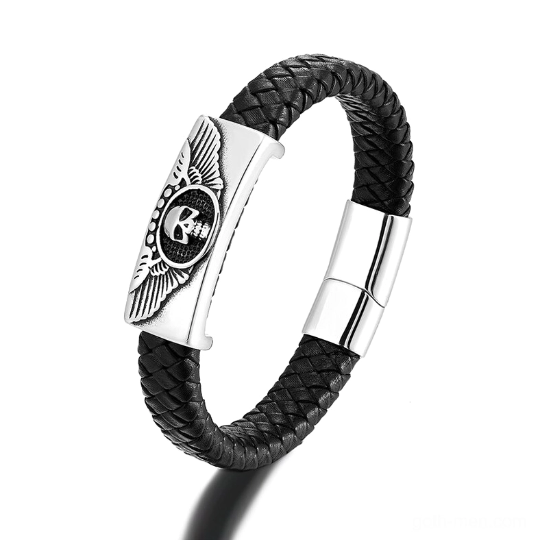 Gothic winged skull leather bracelet in black with polished stainless steel winged emblem and magnetic clasp