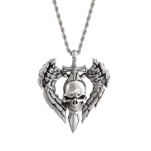 Winged skull pendant necklace top-down view showcasing intricate angel wing details and carved skull design in silver stainless steel