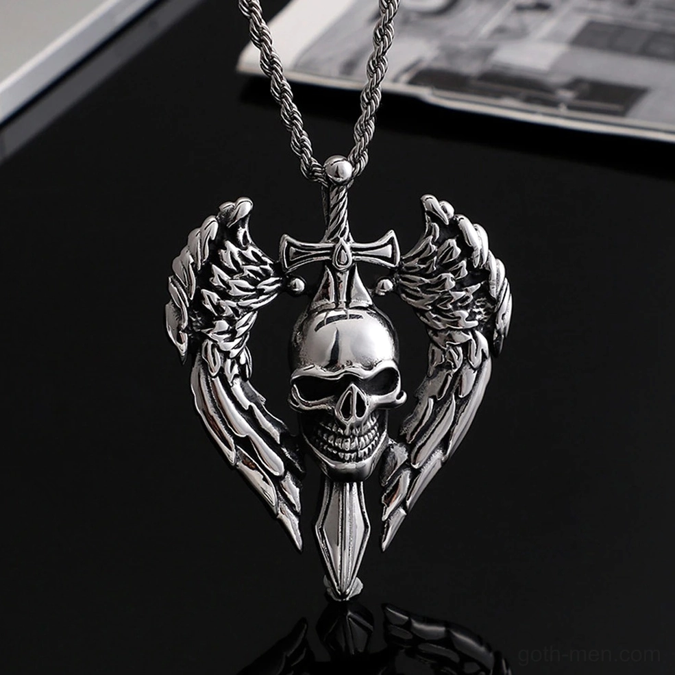 Silver winged skull pendant with twisted rope chain on dark printed backdrop neo-gothic style necklace