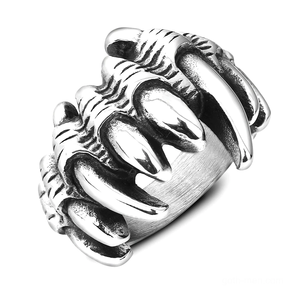 Silver stainless steel wolf claw gothic ring - three-quarter left side view showing sharp fang design and textured band