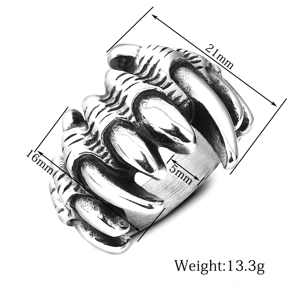 Three-quarter right side of stainless steel wolf claw ring with size and weight specifications visible