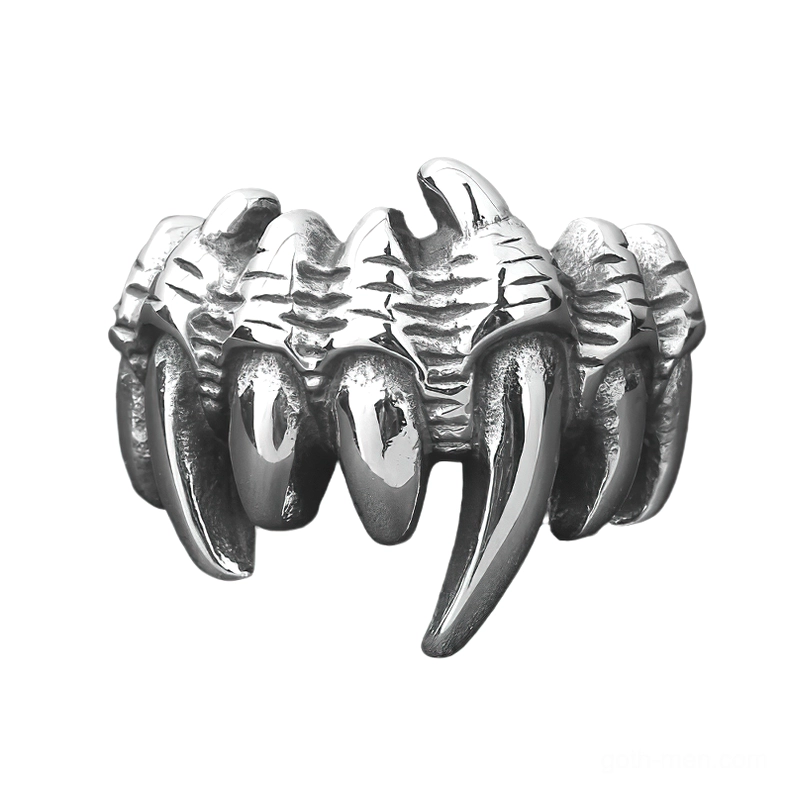 Front-facing view of sharp multi-fang wolf claw ring design - gothic punk jewelry statement piece