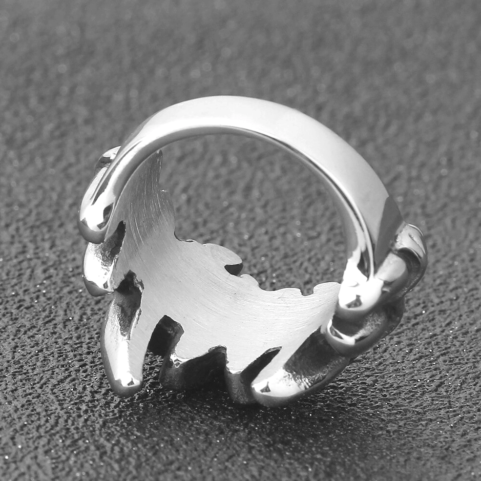 Inner bottom view of wolf claw ring showing interior claw cutout design on stainless steel band