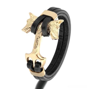 Gold-tone wolf head anchor leather bracelet for men, gothic punk style with stainless steel clasp and genuine black leather rope chain