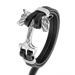 Silver-tone wolf head anchor leather bracelet for men, dark gothic punk aesthetic with stainless steel hardware and black leather construction