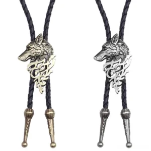 Wolf head bolo tie necklace pendant with braided rope chain, front flat view on white background, gothic choker necklace design