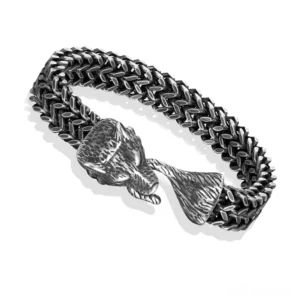 Vintage wolf head men's bracelet side angle – textured dark metal wheat-link chain with gothic clasp detail