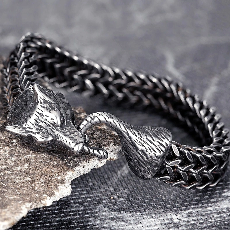 Close-up wolf head clasp detail – textured stainless steel gothic pendant with vintage patina finish