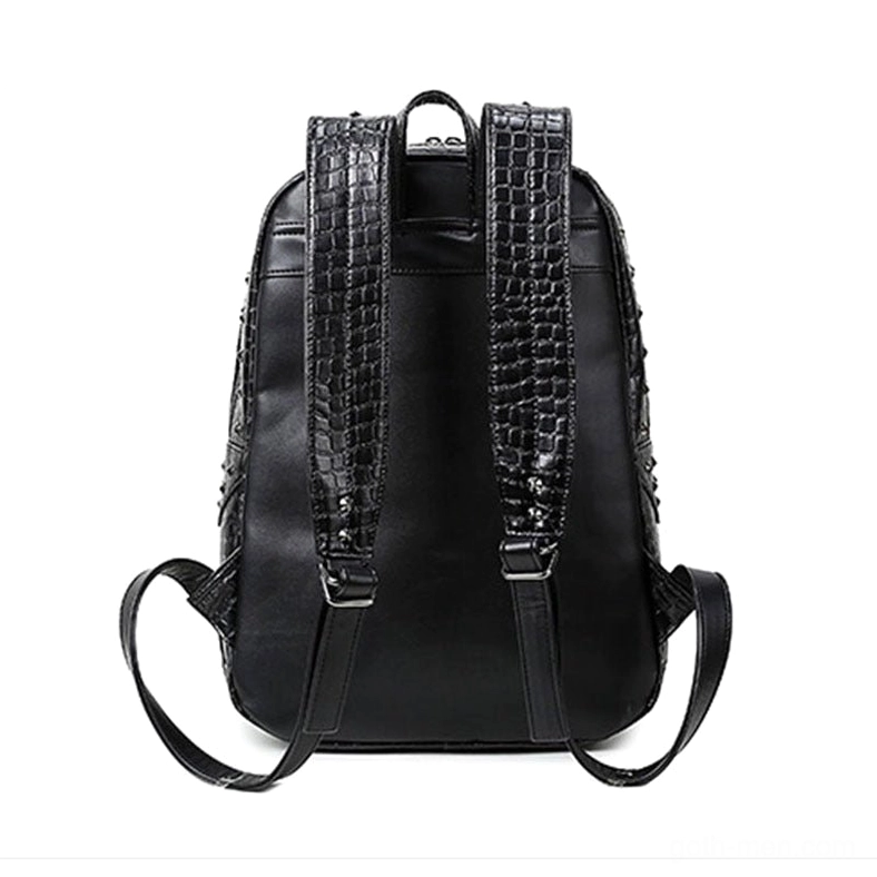 Wolf head gothic backpack rear view displaying crocodile pattern padded straps and metal hardware
