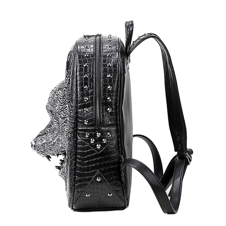 3D wolf head gothic backpack side profile showing riveted details and adjustable arcuate shoulder straps
