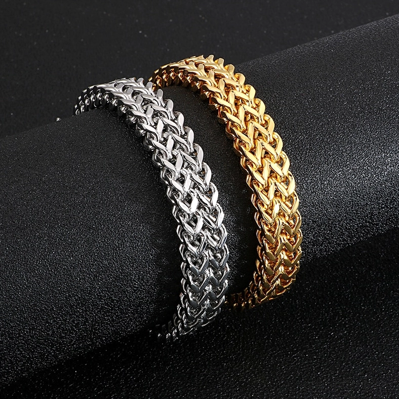 Wolf head stainless steel gothic bracelet showcasing chain link pattern and thickness