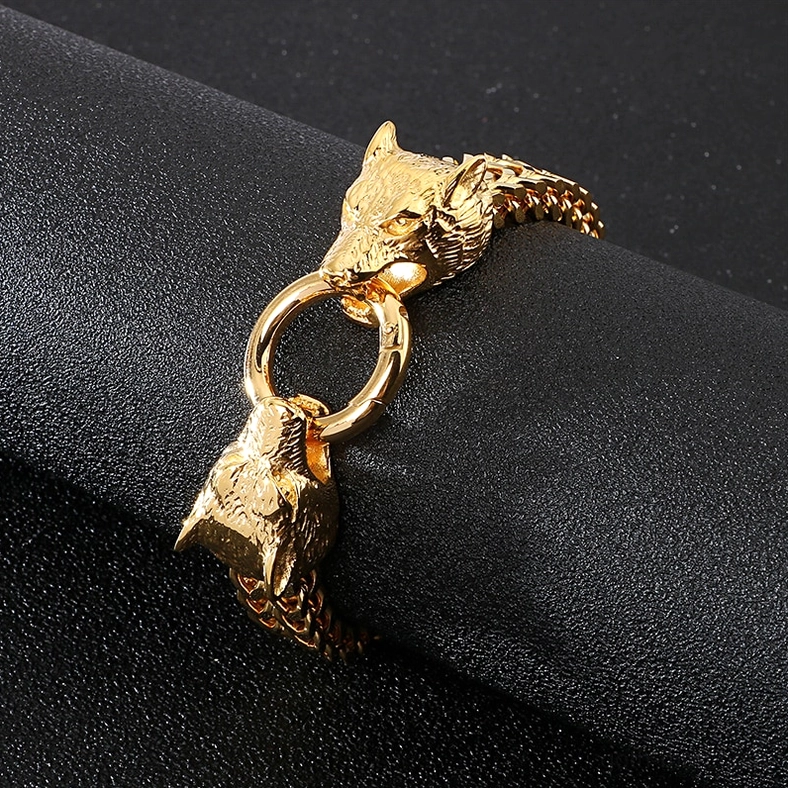 Stainless steel wolf head gothic bracelet showcase with dramatic lighting on dark background