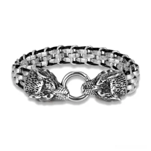 Wolf head gothic chain bracelet stainless steel flat lay front view