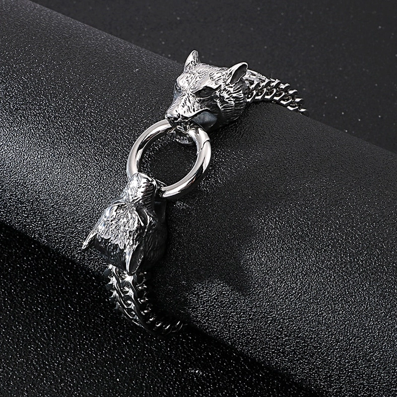 Wolf head gothic stainless steel bracelet lifestyle composition with gothic aesthetic styling