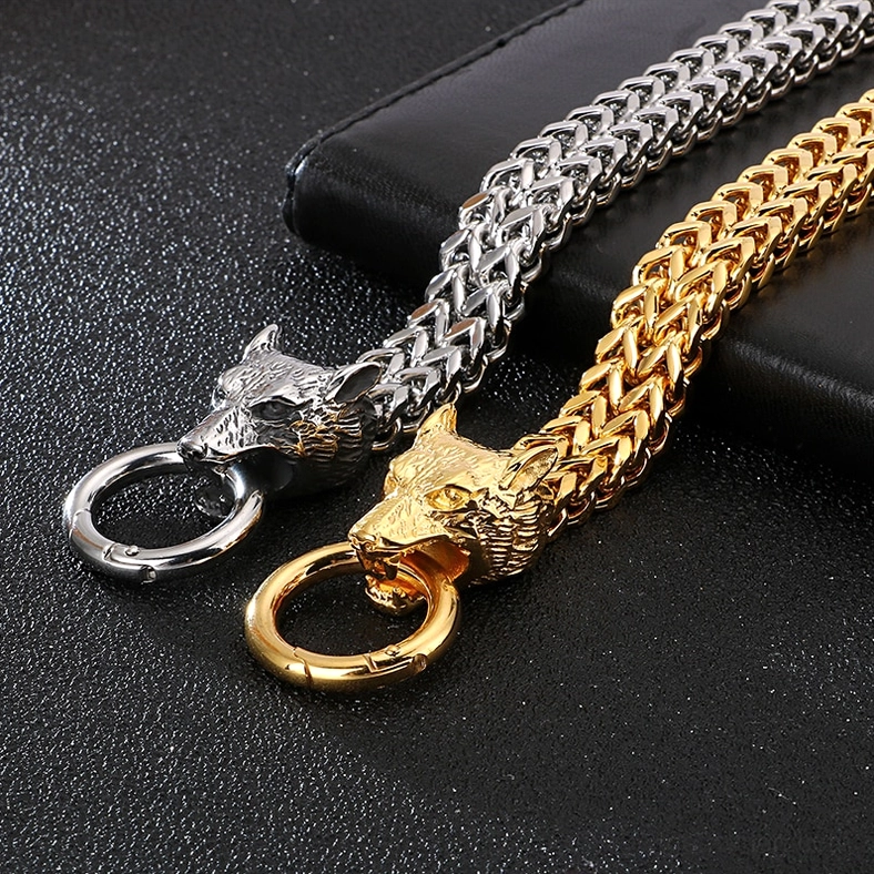 Stainless steel wolf head gothic bracelet worn on wrist showing fit and wear appearance