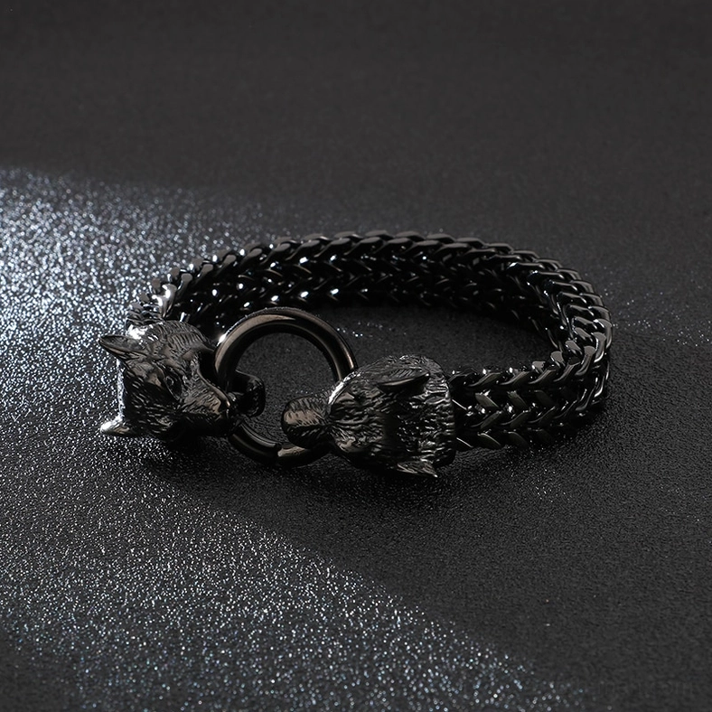 Wolf head stainless steel gothic bracelet extreme close-up of intricate wolf head sculpture
