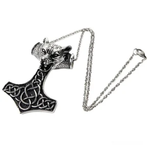Wolf head gothic hammer necklace with chain side angle view showing carved wolf details