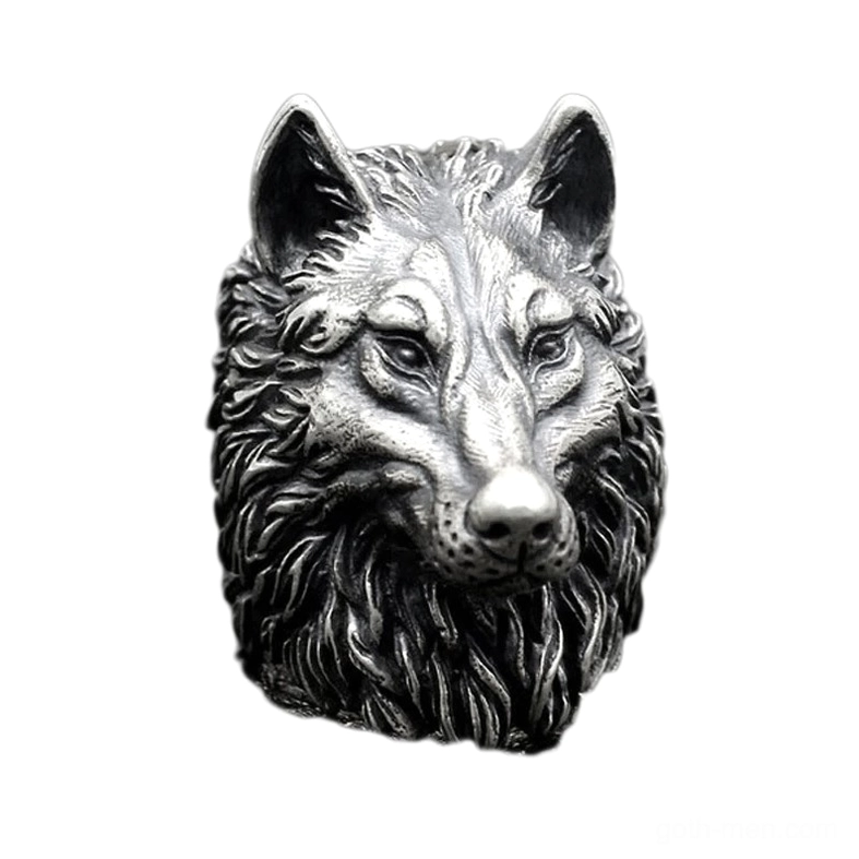 Gothic wolf statement ring three-quarter angle showing texture and realistic wolf head design