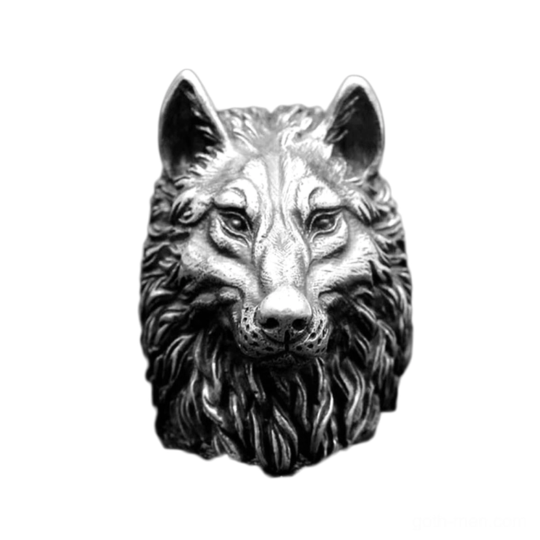 Antique silver wolf head ring direct front view with polished sculpted wolf features