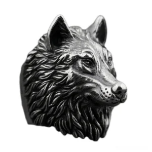 Gothic wolf head ring three-quarter front view showing detailed carved wolf face with antique silver finish