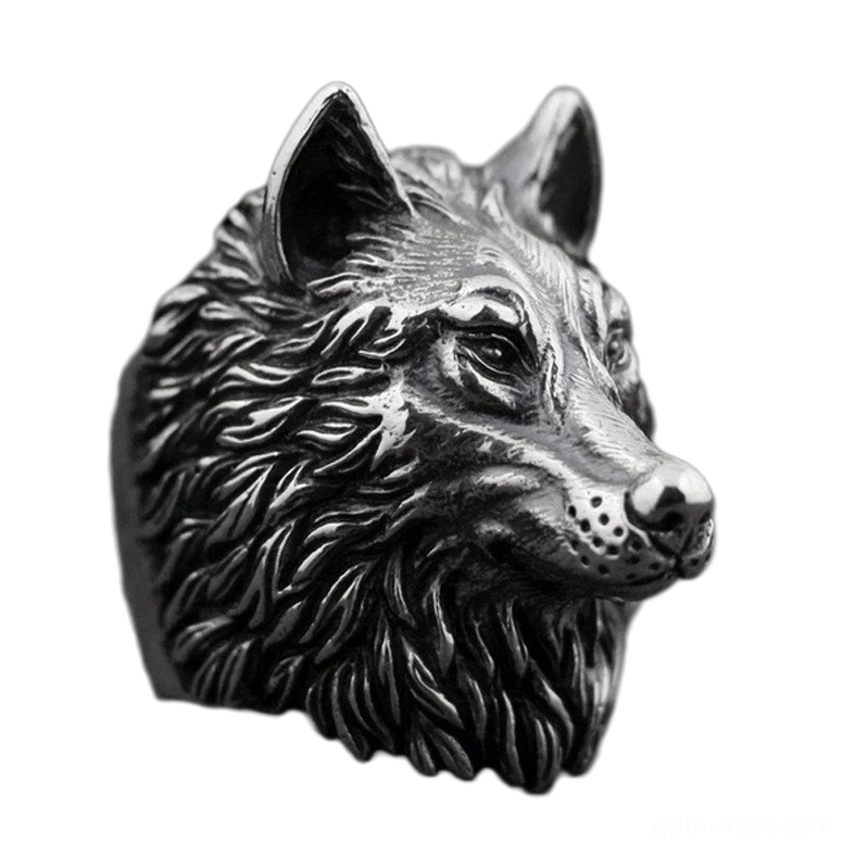 Gothic wolf head ring three-quarter front view showing detailed carved wolf face with antique silver finish
