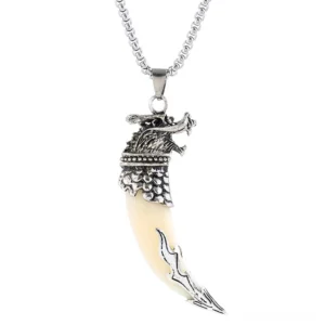 gothic wolf tooth pendant necklace front view wolf head metal cap fang design alternative jewelry