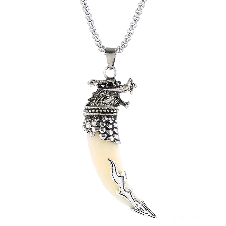 gothic wolf tooth pendant necklace front view wolf head metal cap fang design alternative jewelry