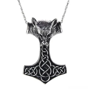 Wolf head Thor's hammer gothic necklace pendant stainless steel front view with Celtic knots