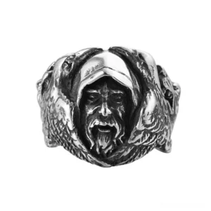 Dark wolf Odin gothic ring in stainless steel with polished silver finish showing detailed Norse mythology carved relief design front view