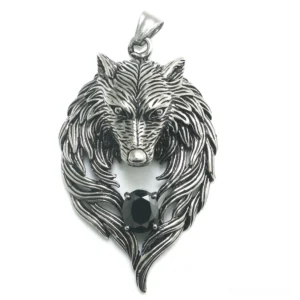 3D carved wolf head pendant straight on showing detailed mane and black crystal eye accent, stainless steel gothic necklace