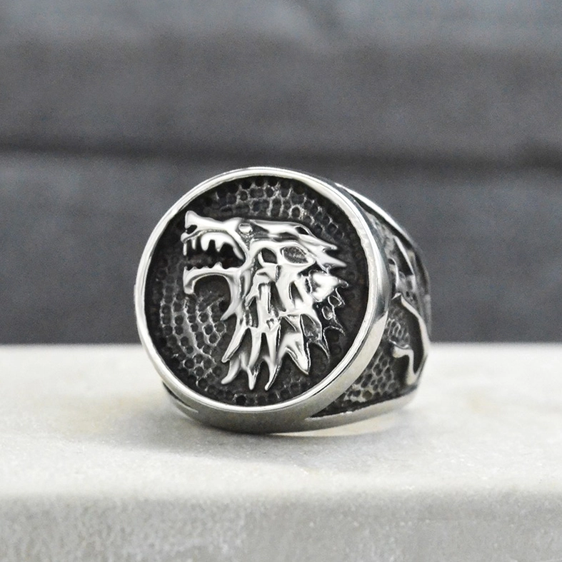 Viking wolf signet ring side front perspective polished stainless steel hammered band