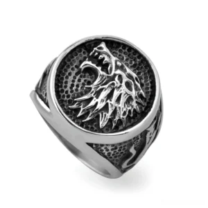 Viking wolf head signet ring stainless steel hammered texture front view gothic jewelry