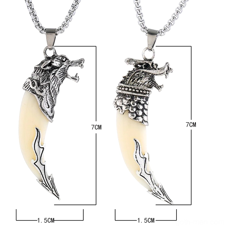 gothic wolf tooth pendant necklace front close-up wolf head cap intricate metalwork detail
