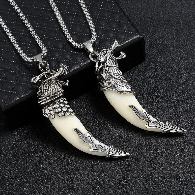 gothic wolf tooth pendant necklace flat lay with size measurements 7cm 1.5cm comparison alternative jewelry