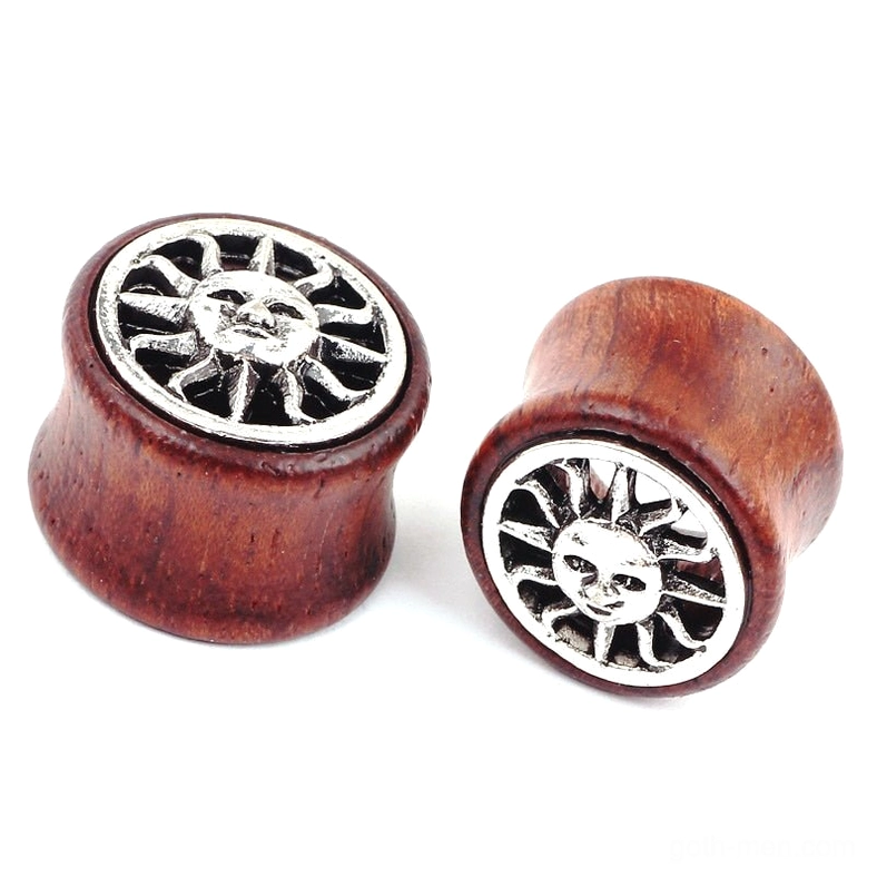 Multiple sizes of wine red wooden ear plugs with sun embellishment gothic body jewelry collection