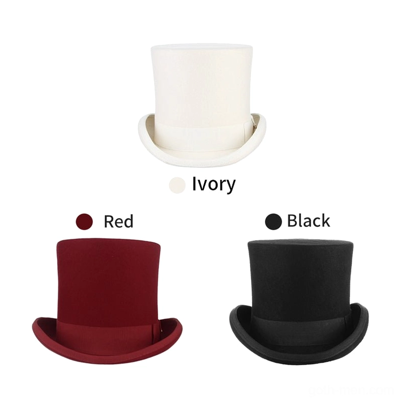 Premium wool felt gothic top hat detail shot highlighting dense material construction and satin band quality