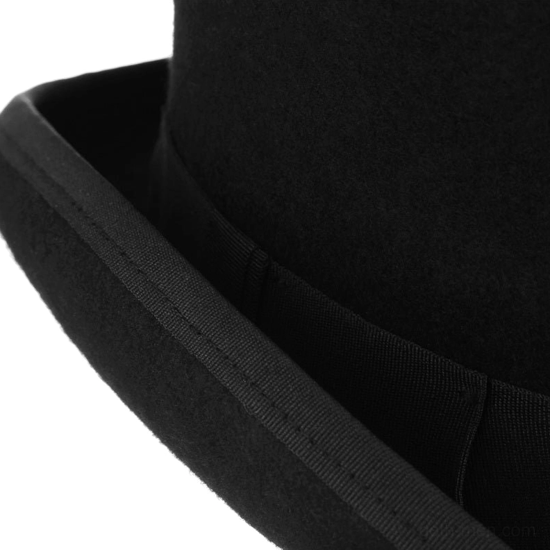 Close-up extreme angle of wool top hat showing stitched brim seam, fuzzy felt texture, and satin inner lining