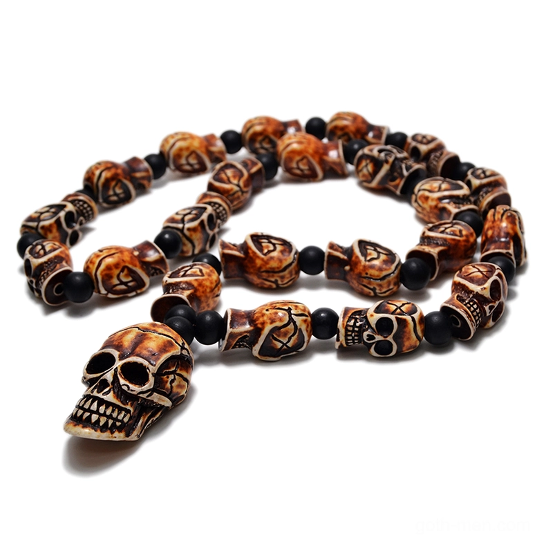 Yellow brown antiqued skull beads matte spacers gothic necklace with large pendant