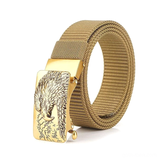Yellow canvas military belt with gold-toned eagle buckle unconventional gothic color option three-quarter view