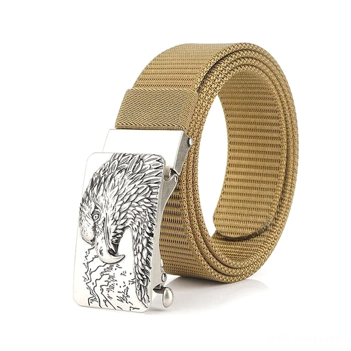 Yellow tactical canvas belt with silver-toned eagle buckle bold gothic styling for defiant fashion statement
