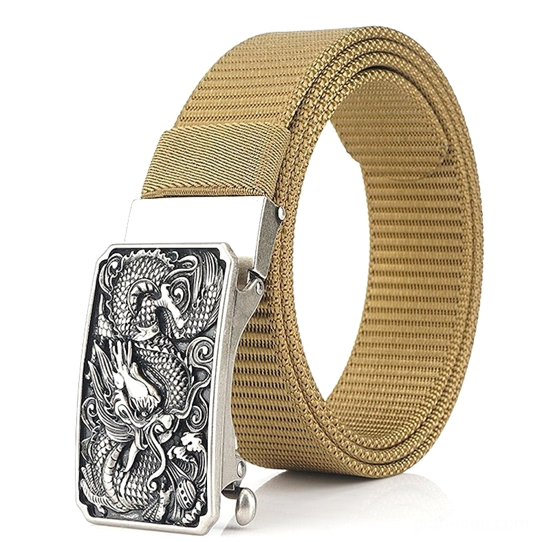 Yellow nylon tactical belt with silver-toned embossed dragon buckle bold alternative style contrast