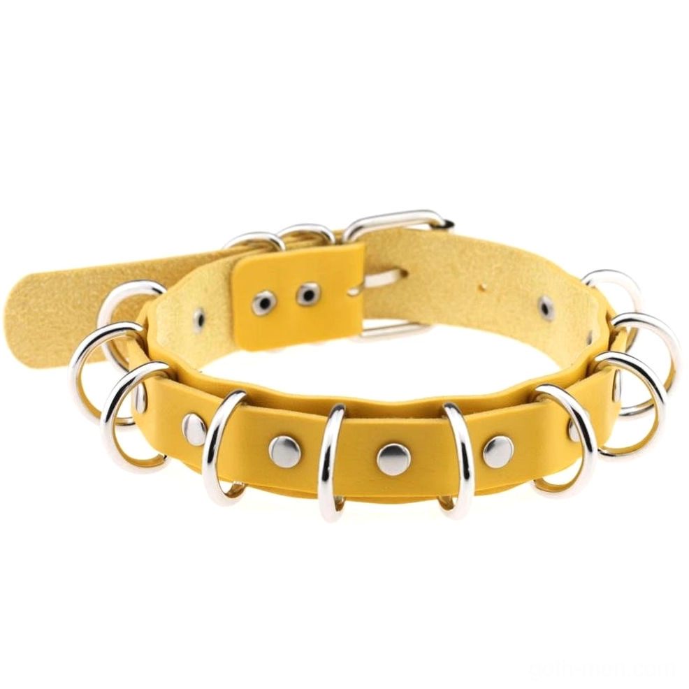 Yellow faux leather gothic choker with zinc alloy metal rings bold statement piece on white background