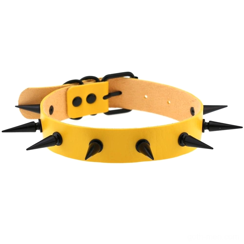 Yellow leather gothic choker with matte black metal spike embellishment, bold goth