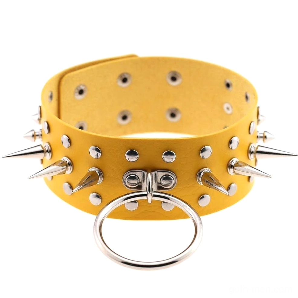 Yellow oversized spiked choker necklace front flat lay showing full band and spike construction