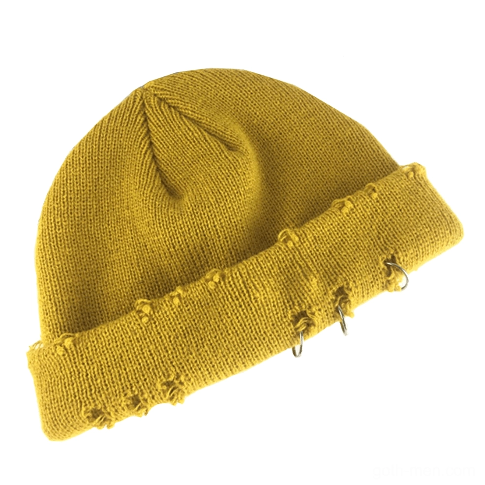 Yellow statement gothic beanie with distressed design and metal ring hardware detail