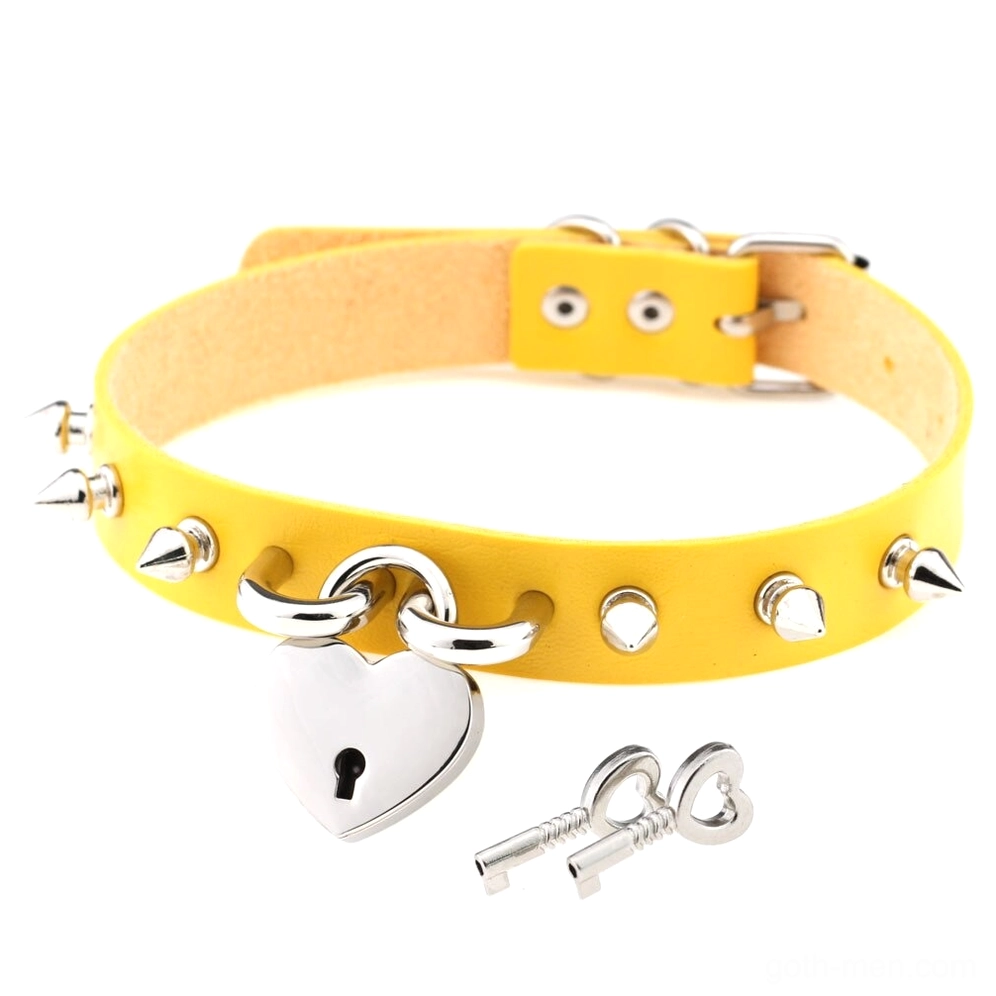 Yellow gothic spike choker necklace with heart lock pendant and silver metal details