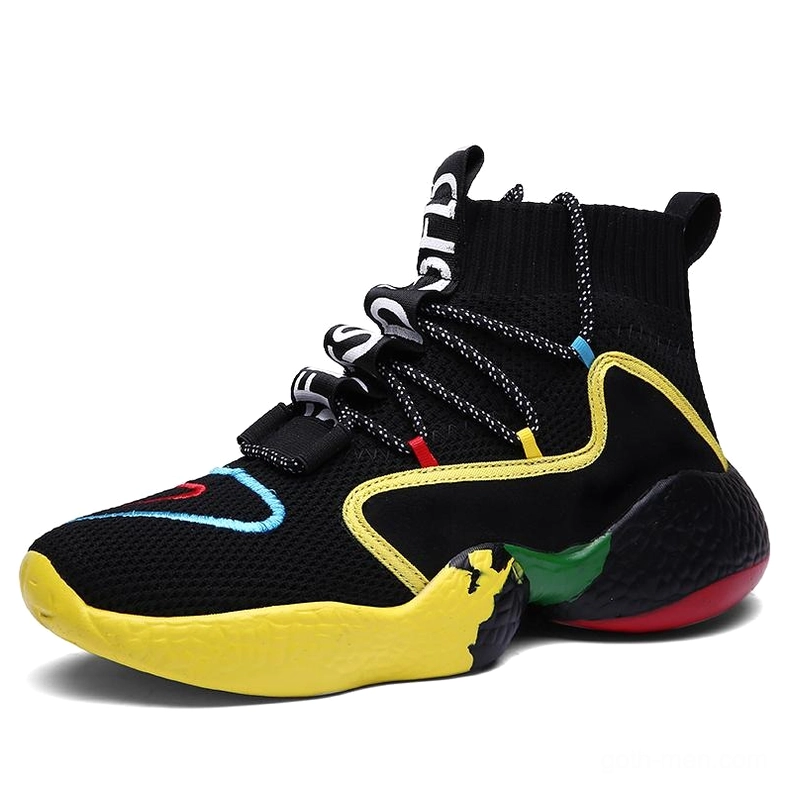 Yellow bold gothic high-top sneaker with reflective laces and multi-color thick outsole, street style right view